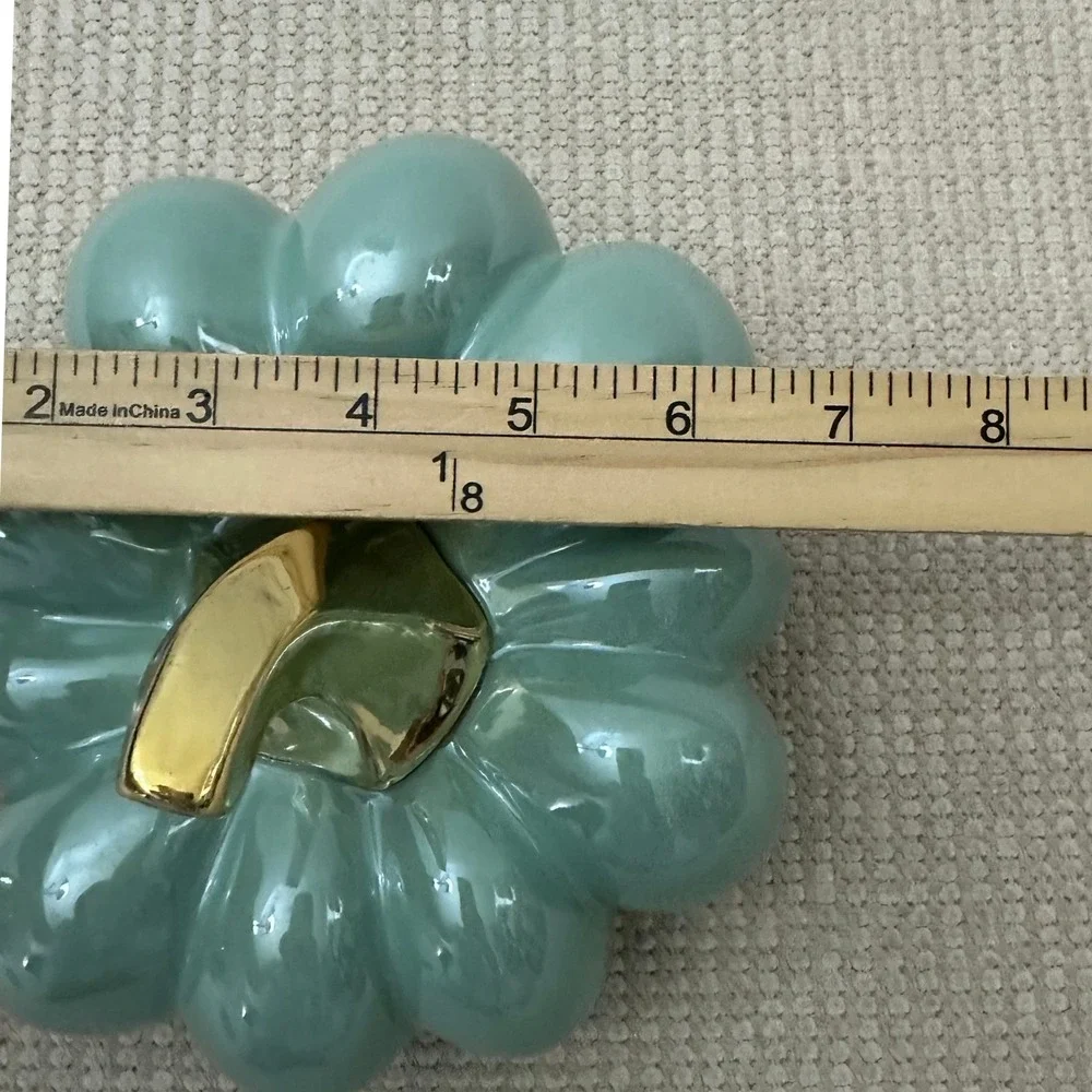 Ceramic Teal Glazed Pumpkin Figurine with Metallic Gold Stem Fall Decor 8in